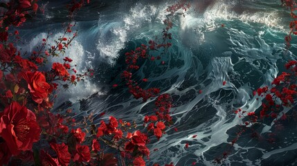 Naklejka premium Ocean Blossom Stunning Wave Embraced by Vibrant Red Flowers in a Captivating Fusion of Nature and Sea Perfect for Coastal Floral and Artistic Concepts