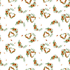 Seamless floral pattern. Yellow and red flowers framed by green twigs and leaves. Watercolor illustration. Botanical illustration. Flowers are highlighted in the background.