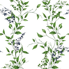 Seamless floral pattern. Graceful twigs and green leaves. A beautiful branch with buds. Gypsophila watercolor illustration. Botanical illustration. Flowers are highlighted in the background.
