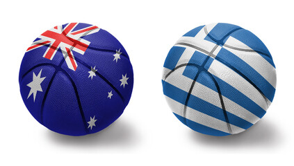 Obraz premium basketball balls with the national flags of greece and australia on the white background.