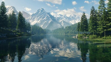 Majestic mountain landscape with snowy peaks and calm lake reflecting sky. Breathtaking scene of nature in serene setting with trees and water.
