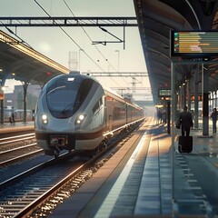 Fototapeta premium A modern train station in the golden hour with high-speed trains and geometric architecture