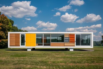 A modular wood and white concrete house set in the countryside with green grass around it.