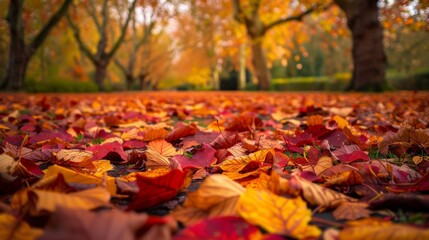 Vibrant autumn leaves covering the ground in a serene forest path. The reds, oranges, and yellows create a warm and beautiful contrasting scene.