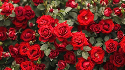 A bush of red roses in full bloom, creating a stunning display of natural beauty.