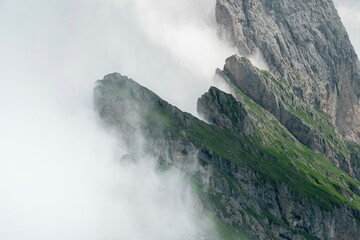 
adventures guys, pirates lost in the mountains with magnificent landscape. Mountains covered in clouds. Explorers having fun
