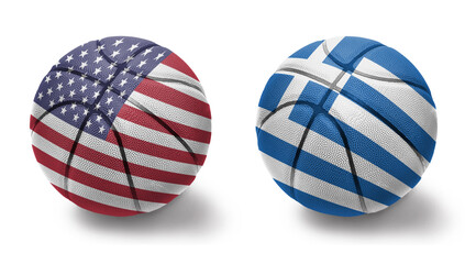 basketball balls with the national flags of greece and united states of america on the white background.