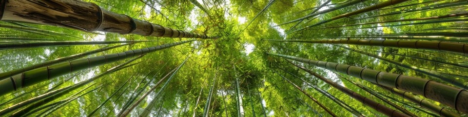 Fototapeta premium Serene Bamboo Forest: Upward View of Lush Green Canopy. Tranquil Meditation Sanctuary Amidst Nature's Embrace. Perfect Mindfulness Retreat After Rain, Celebrating World Environment Day. 4K Wallpaper f