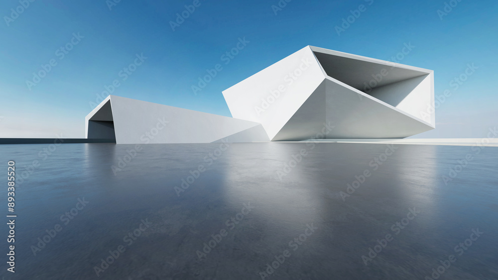 Poster 3d render of abstract modern architecture with empty concrete floor, minimal white exterior, car pre