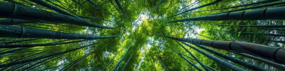 Fototapeta premium Serene Bamboo Forest: Upward View of Lush Green Canopy. Tranquil Meditation Sanctuary Amidst Nature's Embrace. Perfect Mindfulness Retreat After Rain, Celebrating World Environment Day. 4K Wallpaper f