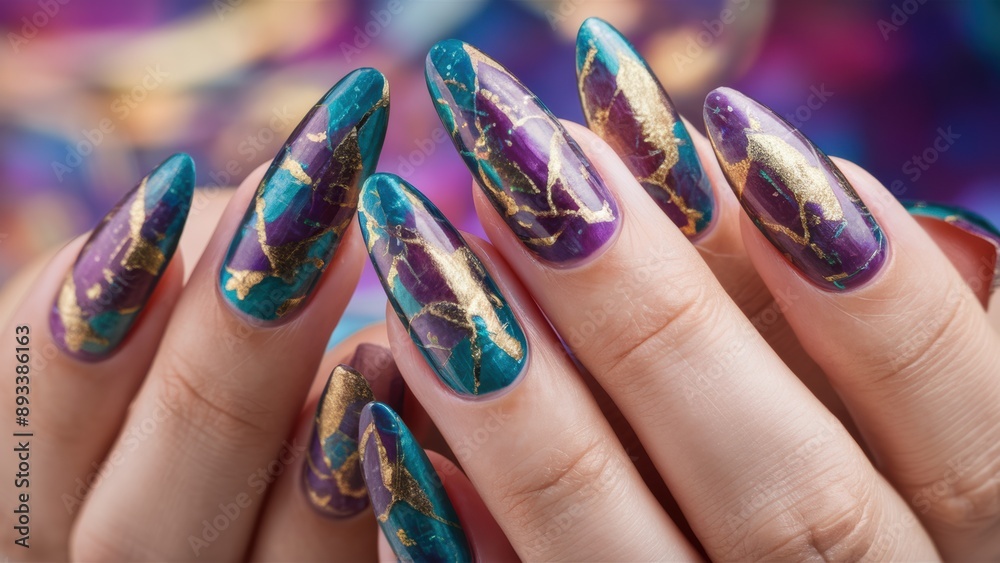 Poster A woman with purple and gold nails holding a manicure, AI