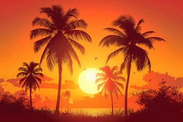 Obraz premium Tropical Sunset with Silhouetted Palm Trees