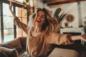 Happy woman dancing in the living room