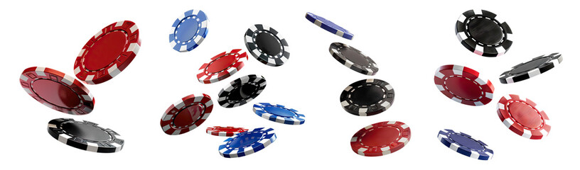 Set of casino chips falling in the air, cut out