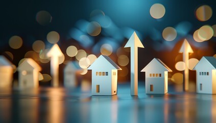 A simple scene of small houses with arrows pointing upwards