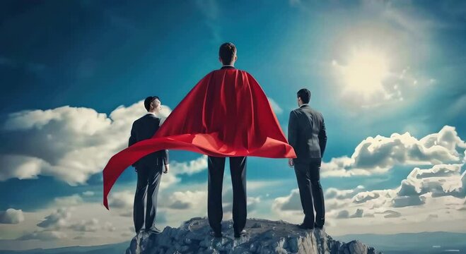 Three businessmen in suits standing on a mountain top, one wearing a red superhero cape, with a blue sky in the background, symbolizing achievement and leadership, heroic success