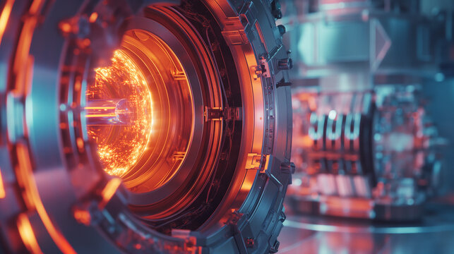Tack-sharp shot of a fusion reactor prototype, cutting-edge energy concept, scientists at work