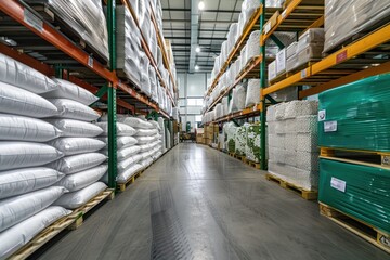 Fototapeta premium Indoor plant fertilizers stored on pallets in a factory warehouse