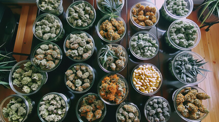 Fototapeta premium Assorted strains of cannabis buds in a beautiful arrangement