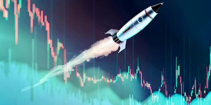 Cute silver rocket soaring above a rising stock market graph on a blue background symbolizing growth and investment, market rise, financial success, rocket boost