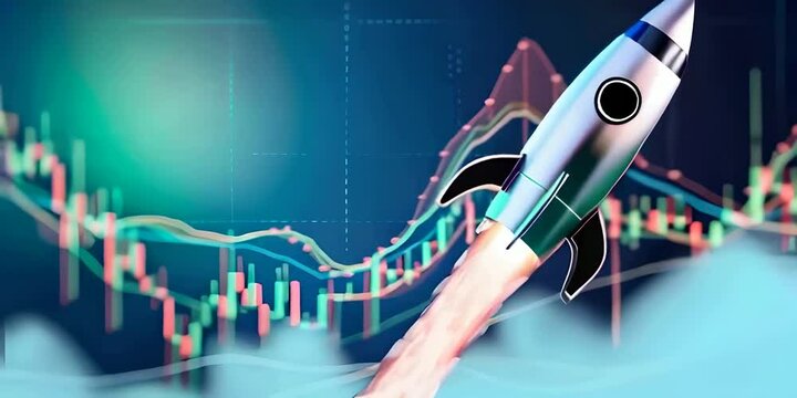Cute silver rocket soaring above a rising stock market graph on a blue background symbolizing growth and investment, market rise, financial success, rocket boost