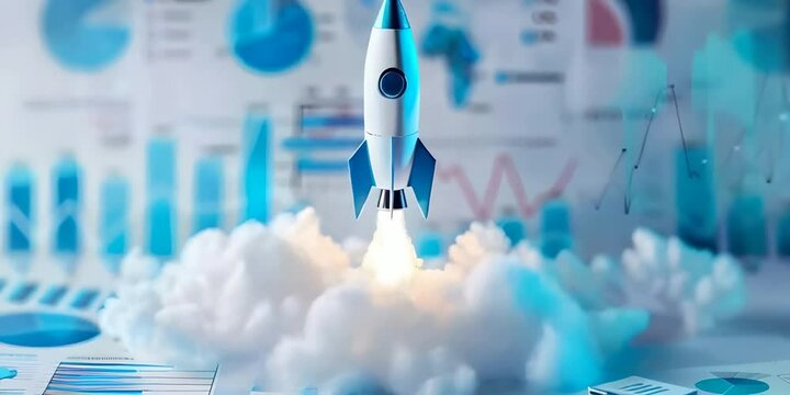 Rocket ship taking off from a background of graphs and charts symbolizing launching a business to new heights, business growth, marketing strategy, data driven success