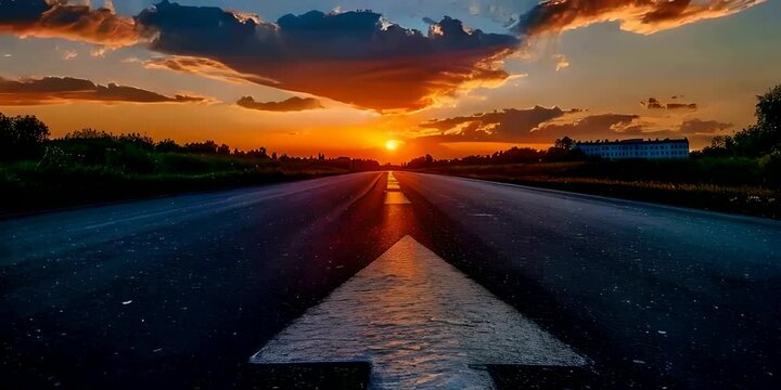 Straight road with an arrow pointing forward leading to the horizon symbolizing progress and future possibilities, path to success, forward direction, future growth