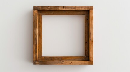 Wooden brown square frame on white backdrop. Blank space