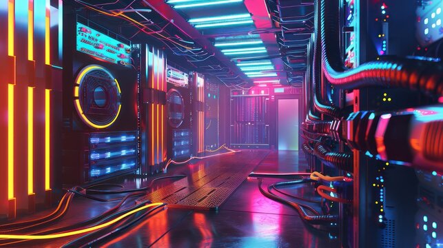 corporate data center with a futuristic cooling system, fiber optic cables, and a neon-lit ambiance