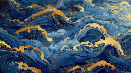Golden Waves of Elegance Stunning Blue and Gold Abstract Design with Intricate Details Perfect for Backgrounds Wall Art and Creative Projects