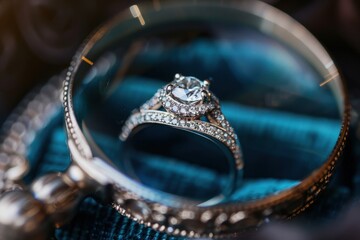 magnified view reveals a diamond engagement ring's intricate details, as it rests on the plush surface of a velvet cushion