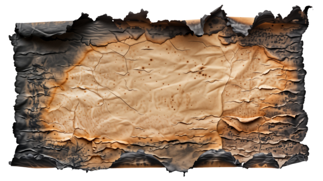 burned parchment with charred edges and cracks, ancient damaged paper texture background with empty copyspace concept
