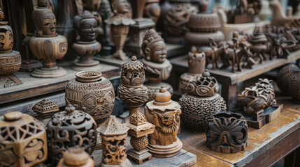 Beautifully carved agarwood ornaments displayed on a wooden table
