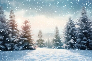 Merry christmas and happy new year greeting background. Winter landscape with snow and christmas trees