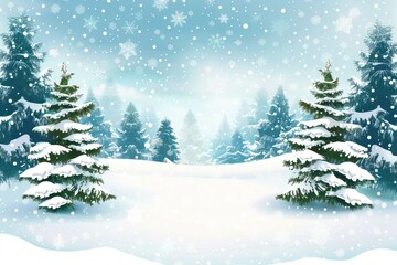 Obraz premium Merry christmas and happy new year greeting background. Winter landscape with snow and christmas trees