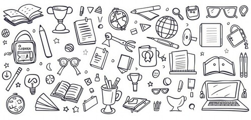 Black and white high-res vector of school icons, simple and detailed.