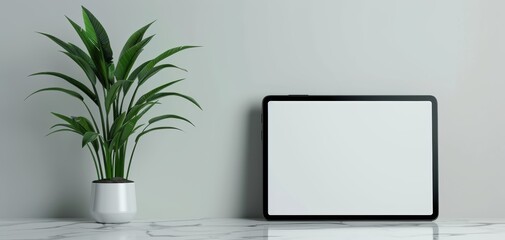 Fototapeta premium Minimalist workspace with a potted plant and a blank tablet on a white marble desk against a light grey wall.
