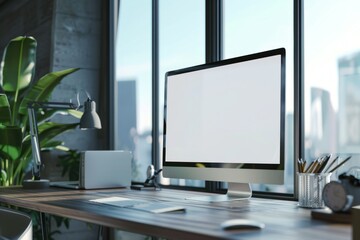 Fototapeta premium Mockup of computer monitor on desk in contemporary minimalist home office with plants