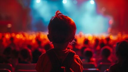 A child watches a concert from the audience, mesmerized by the bright stage lights. The crowd is a...