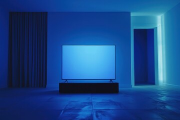 Fototapeta premium Mockup of flat screen TV in room with blue backlighting, minimalist