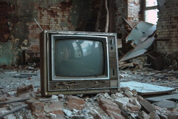 Mockup of old CRT tv in destroyed room