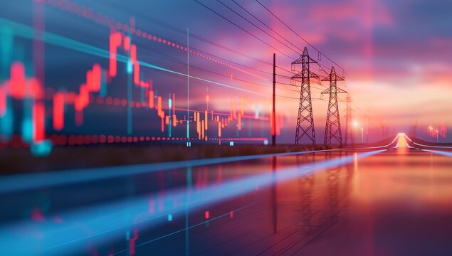 A stock market graph with electric pylons in the background, symbolizing energy company growth.