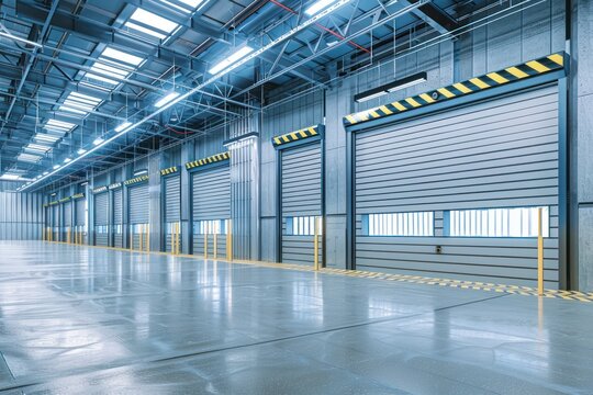 Modern warehouse building interior with loading dock doors