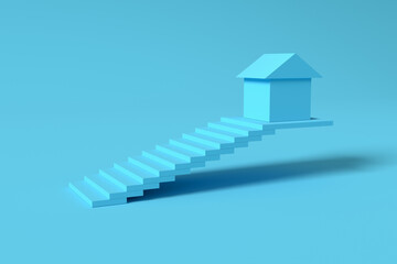 Staircase leading to a miniature house on blue background