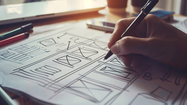 Person sketching wireframes for a website design.