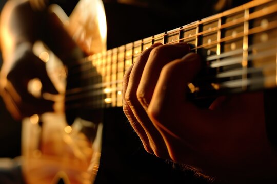 Music teacher is giving guitar lessons on how to play an instrument online