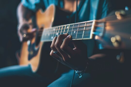 Music teacher is giving guitar lessons on how to play an instrument online