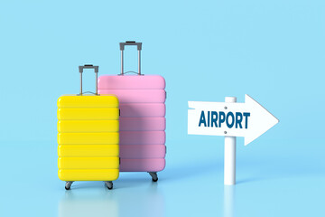 Airport sign pointing towards travel luggage on blue background