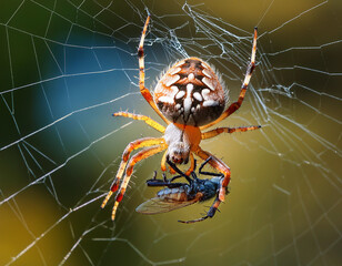 Close-up of a spider that has caught a fly