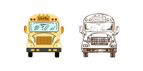  Flat and sketch style school Illustration. School bus sketch. Back to School.